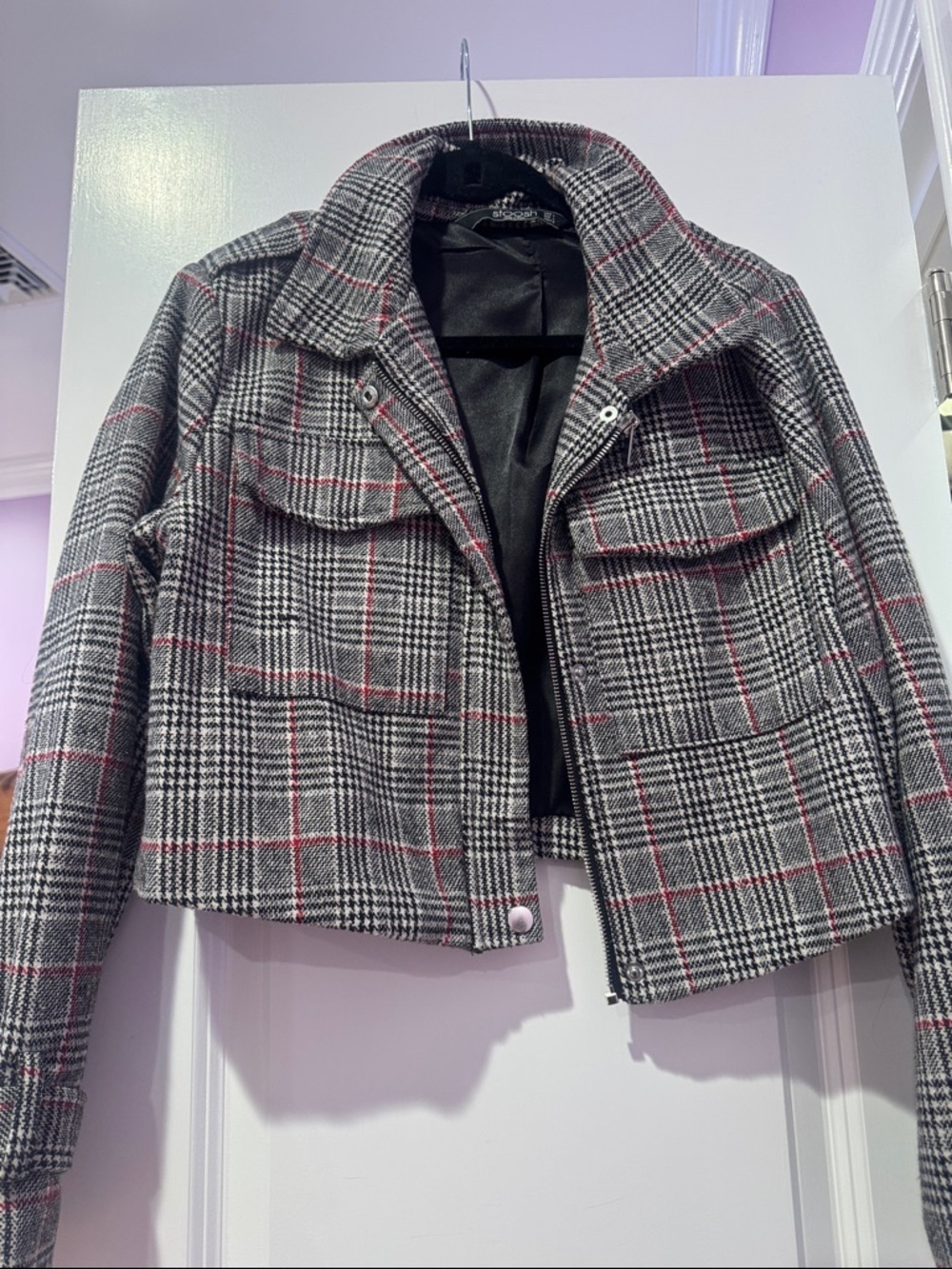 Plaid Cropped Jacket with Pink Accent - Women